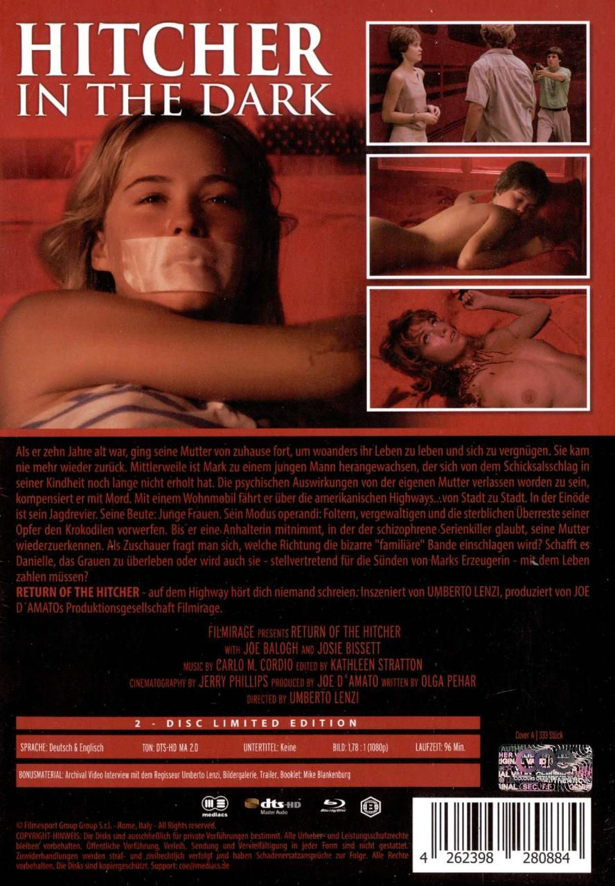 DVD-Cover. Frau mit Klebeband im Mund, Szenen aus dem Film. Text: Hitcher in the Dark.