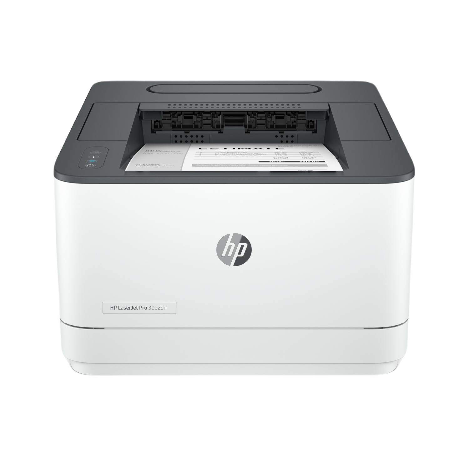 Witte en grijze HP Laserjet Pro 3002dn printer. Een afgedrukte pagina is zichtbaar.