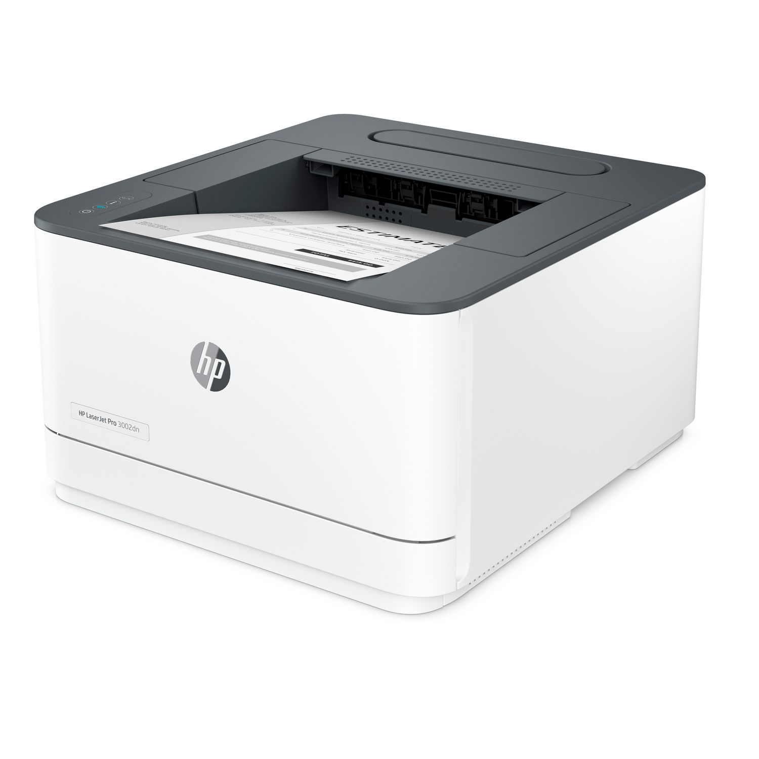 White and gray HP laser printer with a paper inside. It is on a white background.