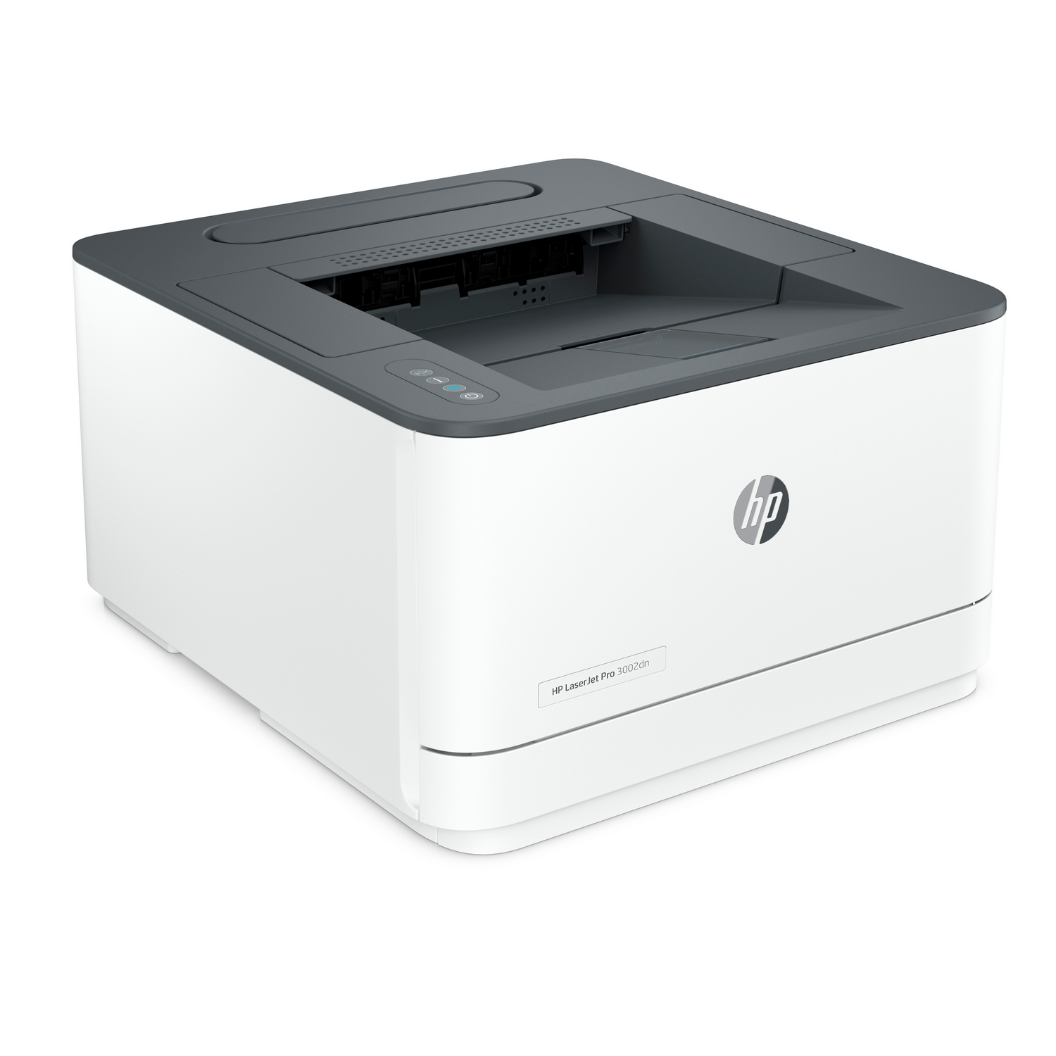 White and gray printer. The printer has an HP logo. White background.