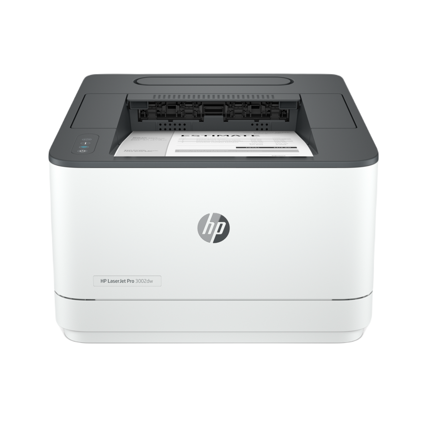 Witte en grijze HP Laserjet Pro 3002dw printer, met papier erin.