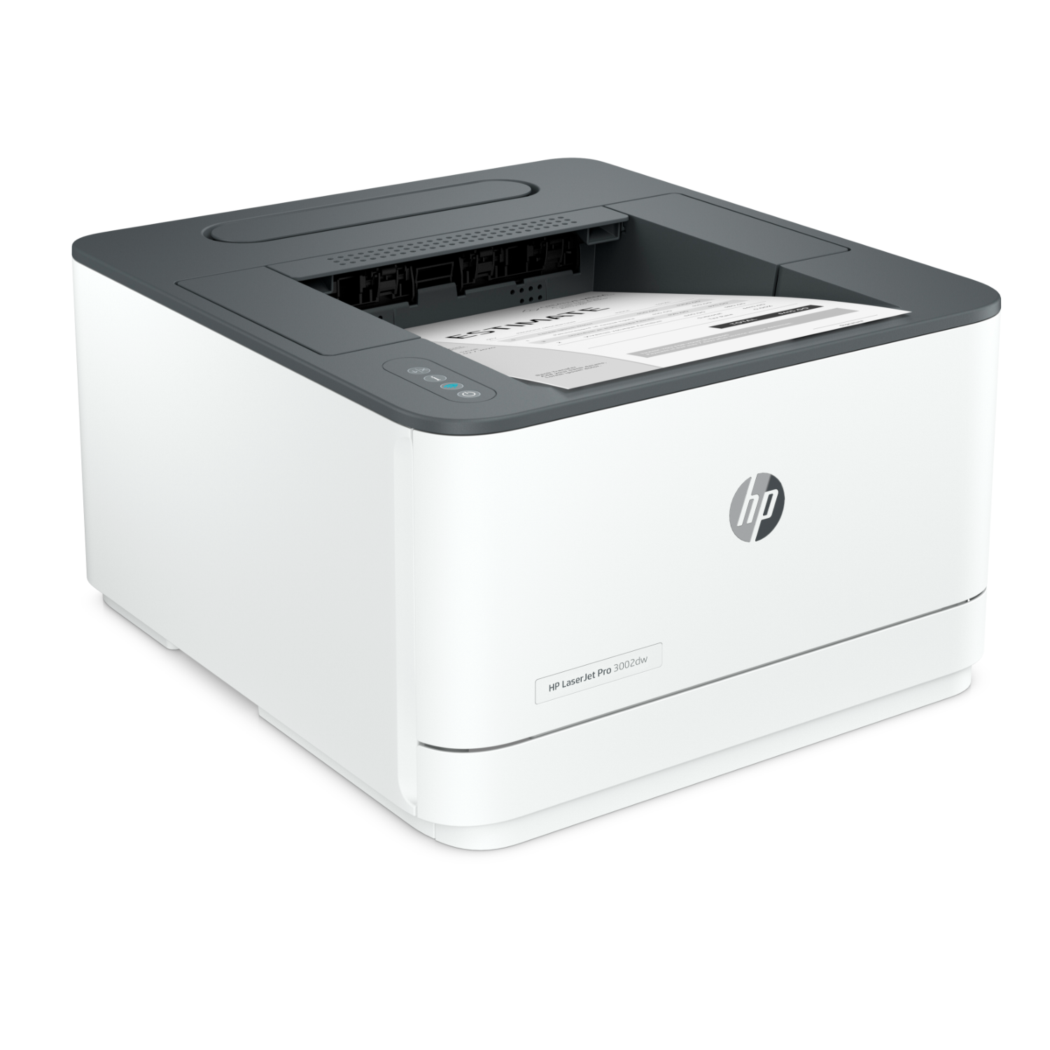 Een witte HP Laserjet Pro 3002dw-printer op een witte achtergrond.
