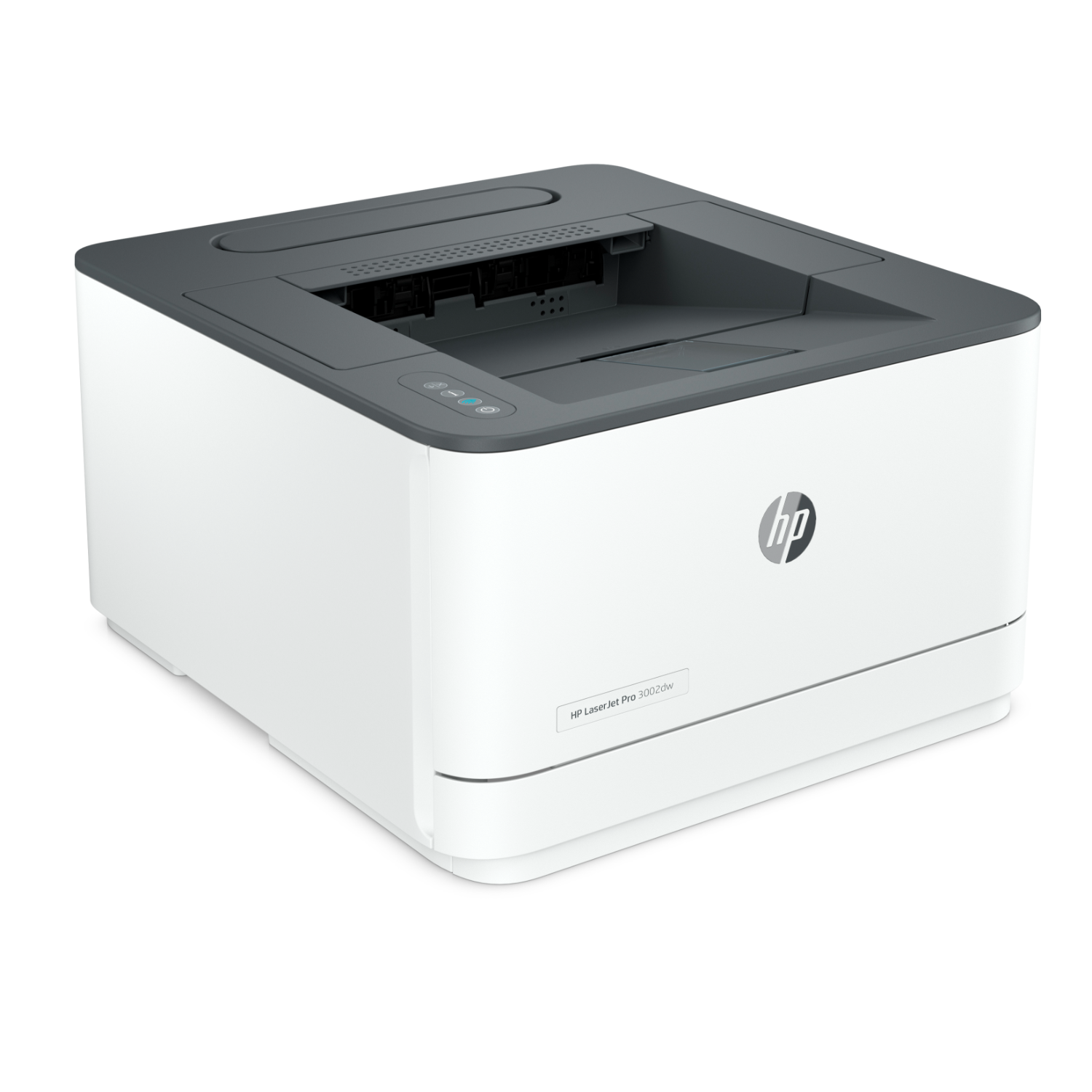 Witte HP LaserJet Pro 3002dw printer. Hij heeft een grijze bovenkant en het HP-logo aan de voorkant.