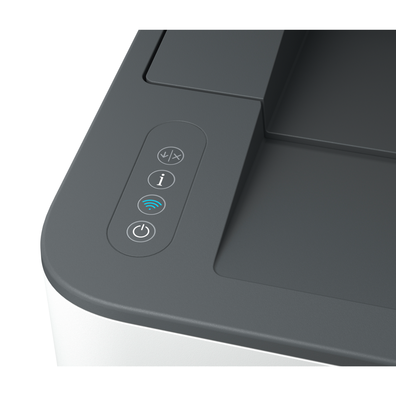 Een close-up van de bovenkant van een printer. Het toont de aan/uit-, informatie- en wifi-knoppen.