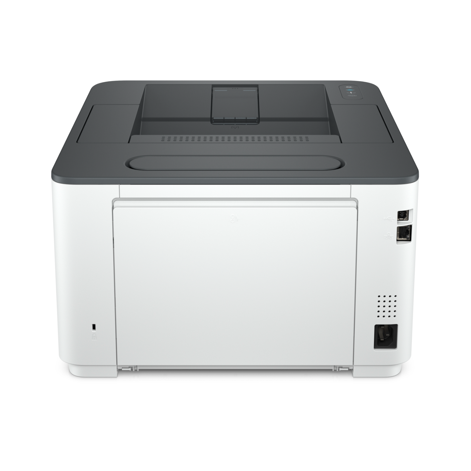 Witte en donkergrijze printer. Achteraanzicht met netsnoer en poorten. Witte achtergrond.