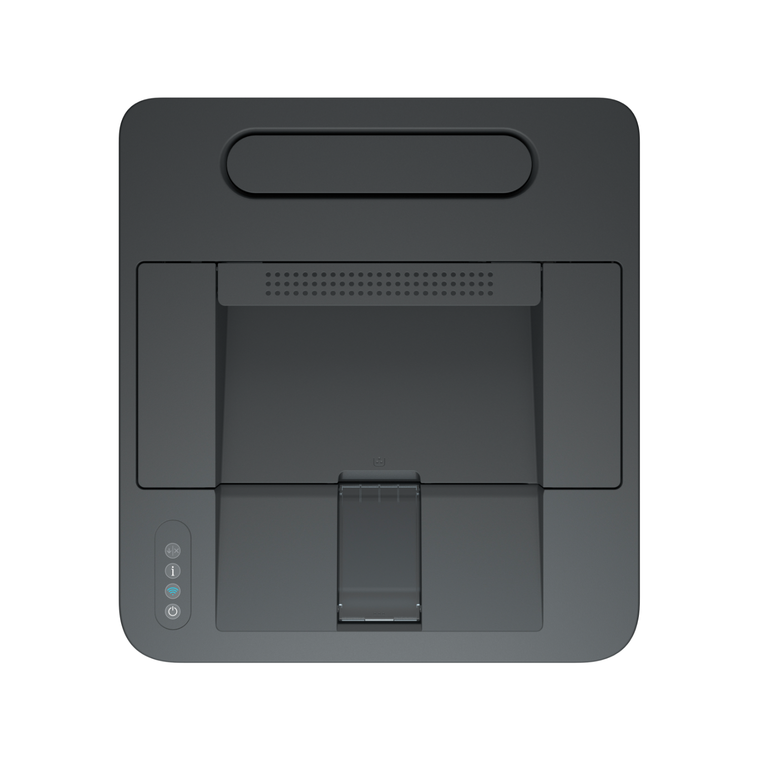 Een bovenaanzicht van een zwarte printer met een sleuf voor papier en bedieningsknoppen.