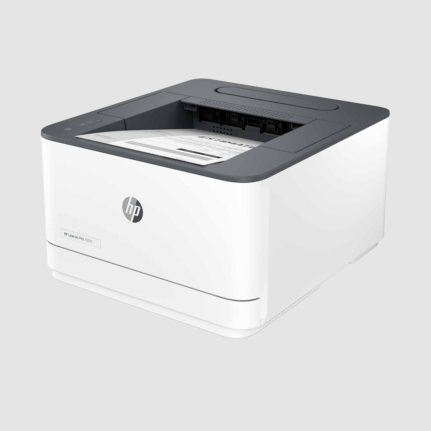 Witte HP-laserprinter op een grijs oppervlak.