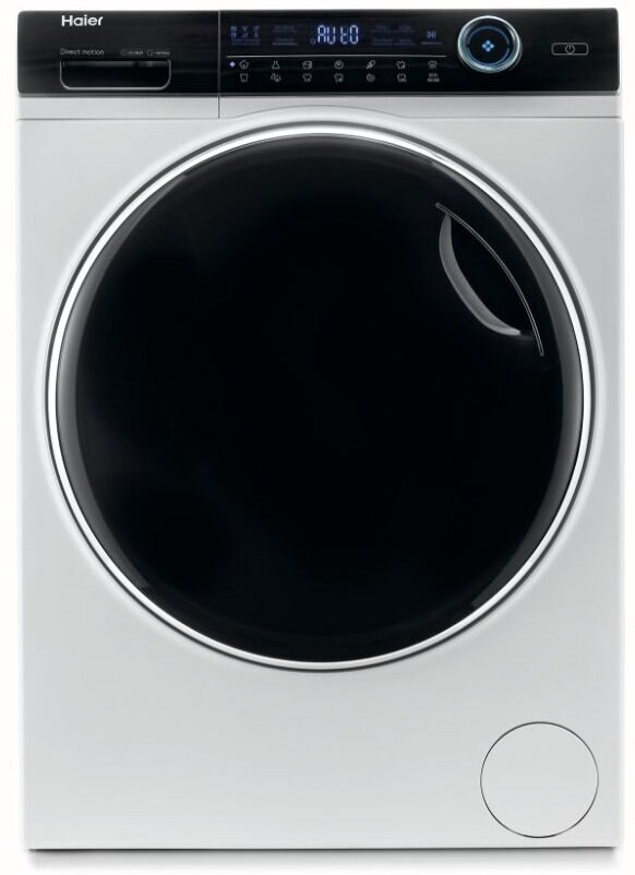 Biała pralka Haier z czarnymi drzwiami i wyświetlaczem. Obecne przyciski i panel sterowania.