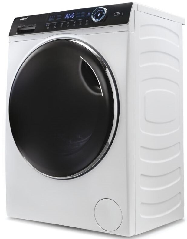 Biała pralka Haier. Przednie drzwi są czarne i mają cyfrowy wyświetlacz i panel sterowania na górze.