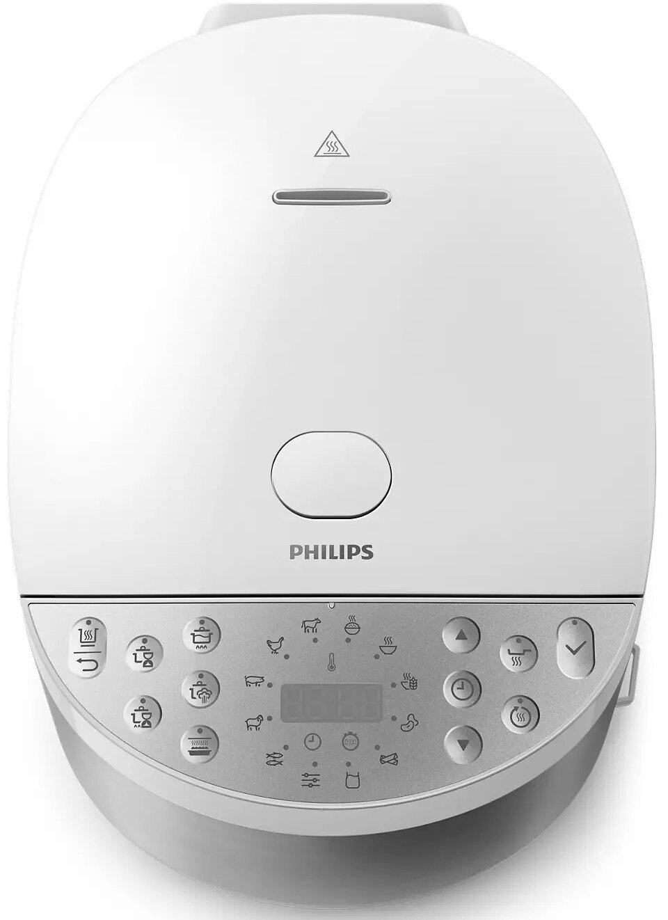 Biały garnek do ryżu Philips. Przedni panel ma elementy sterujące i mały wyświetlacz.