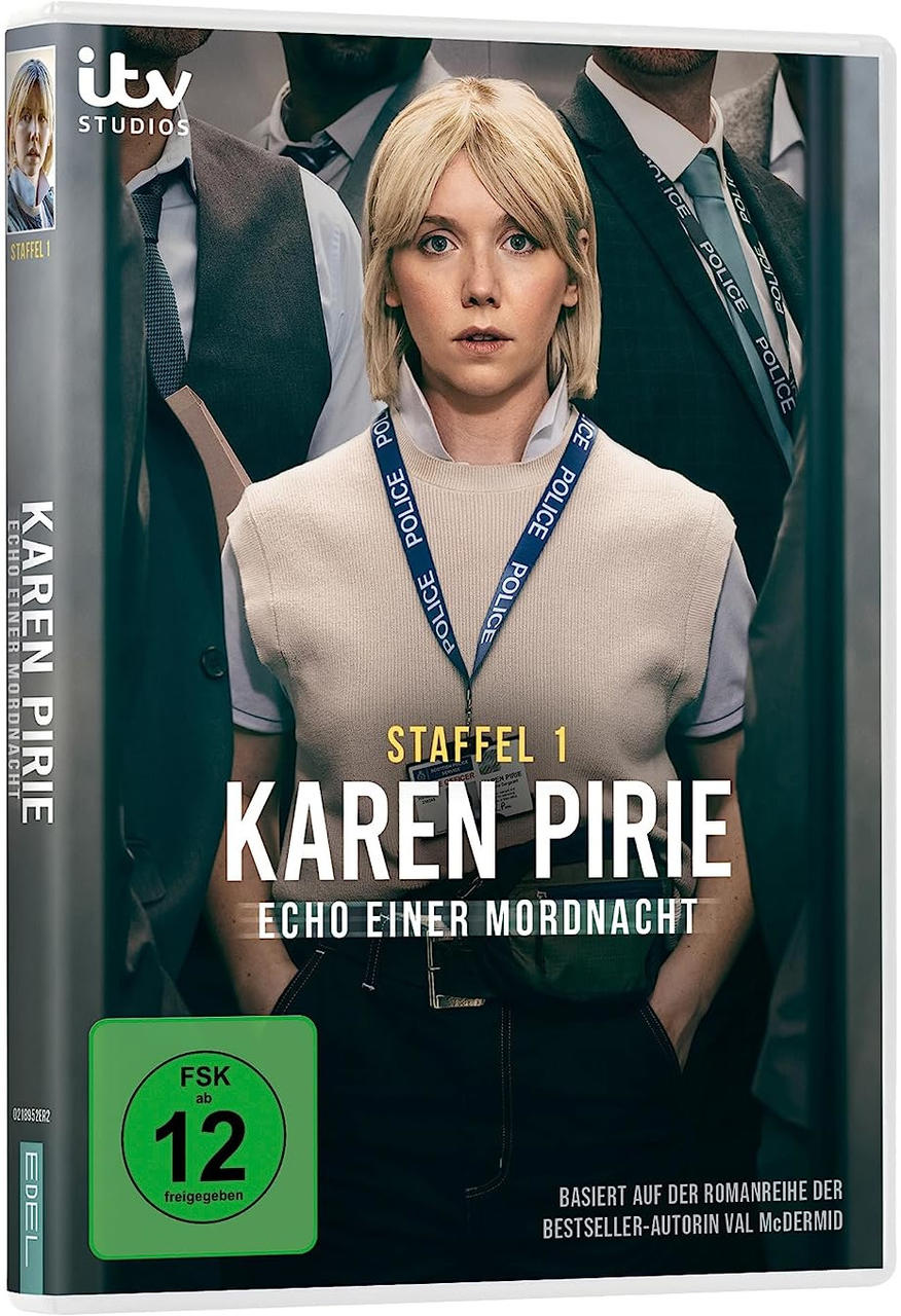 Das DVD-Cover der Fernsehserie Karen Pirie, eine Frau in der Mitte.