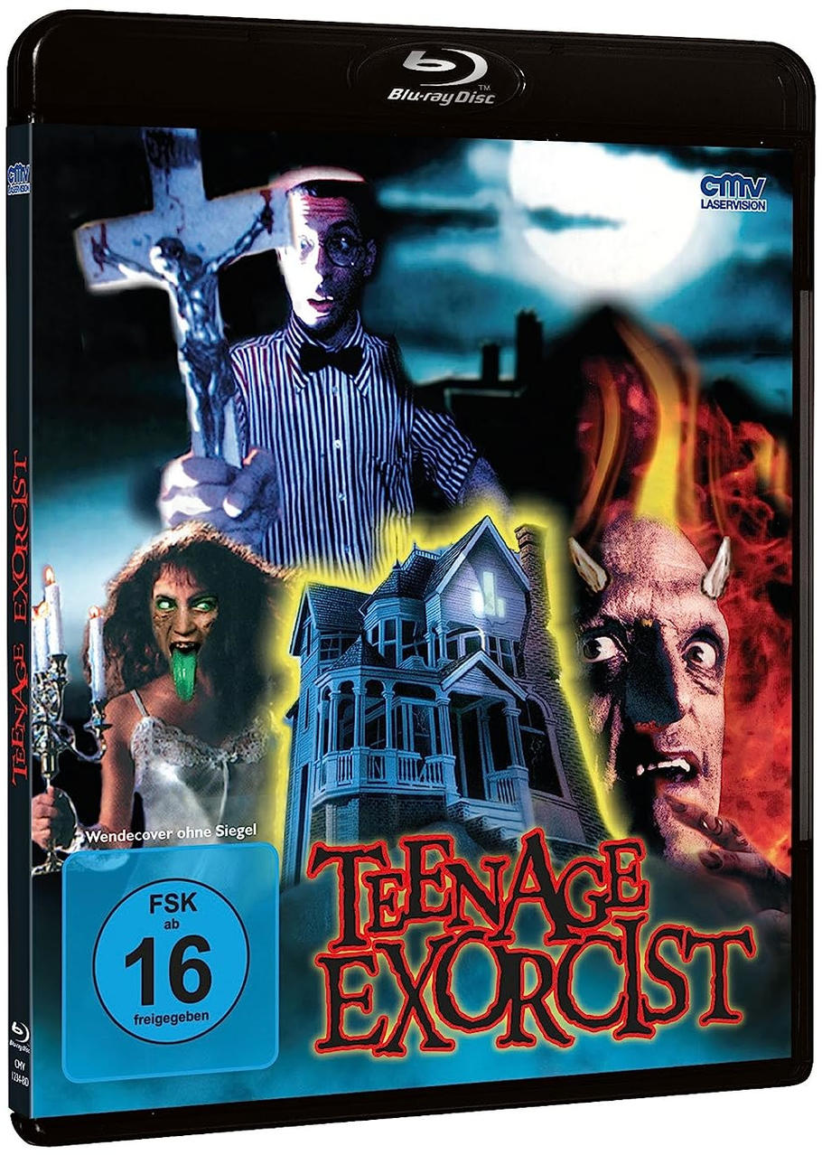 DVD-Cover von 'Teenage Exorcist' mit Horrorszenen. Ein Mann hält ein Kreuz. Flammen, ein Haus und ein Teufel.