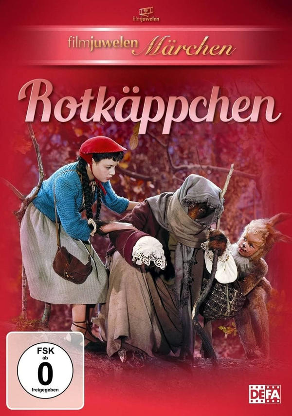 DVD-Cover: Mädchen mit rotem Hut, Frau und Wolf in einer Waldszene, Titel "Rotkäppchen".
