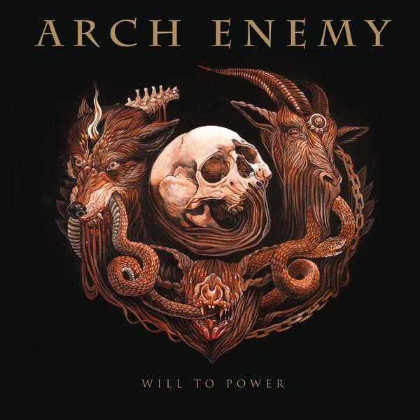 Albumcover von Arch Enemy - 'Will to Power'. Schädel, Wolf, Ziege und Schlangen auf schwarzem Hintergrund.