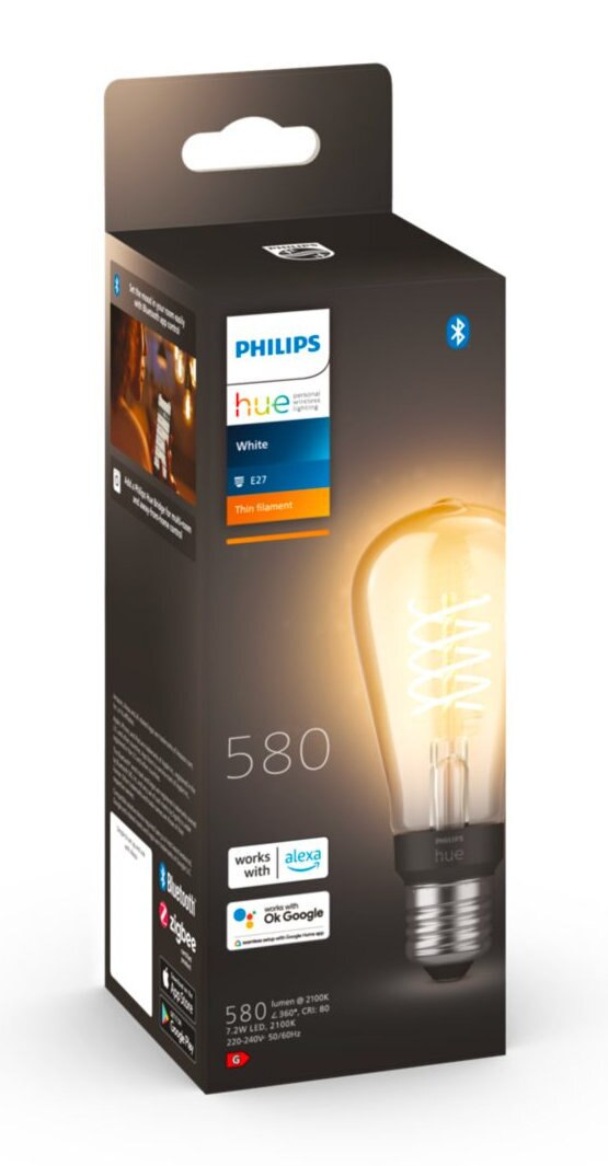 Pudełko żarówki Philips Hue, z widoczną żarówką. Głównie czarne opakowanie.