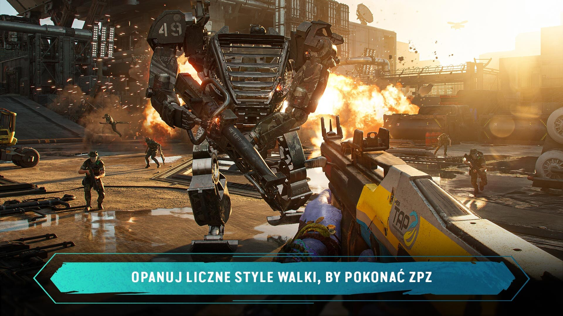 Futurystyczna scena bitwy z robotami, żołnierzami i tekstem w języku polskim.