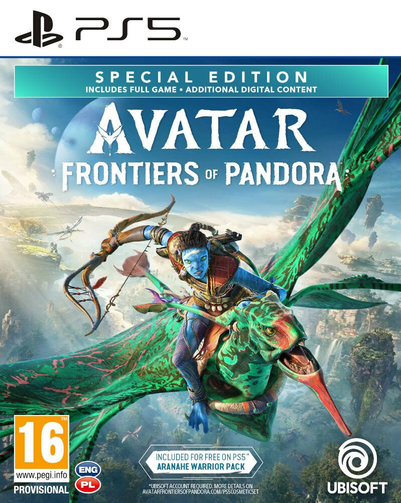 Okładka gry Avatar: Frontiers of Pandora z Na'vi jadącym na stworzeniu nad tętniącym życiem krajobrazem.