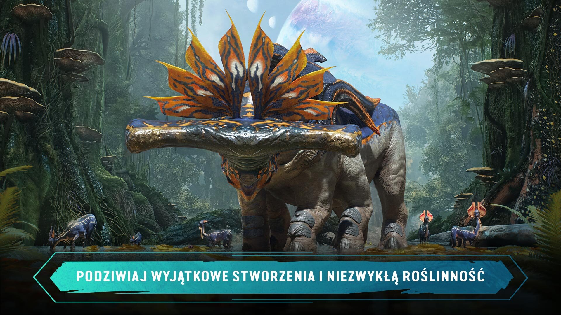 Scena fantasy z dużym stworzeniem przypominającym dinozaura i innymi zwierzętami w lesie.