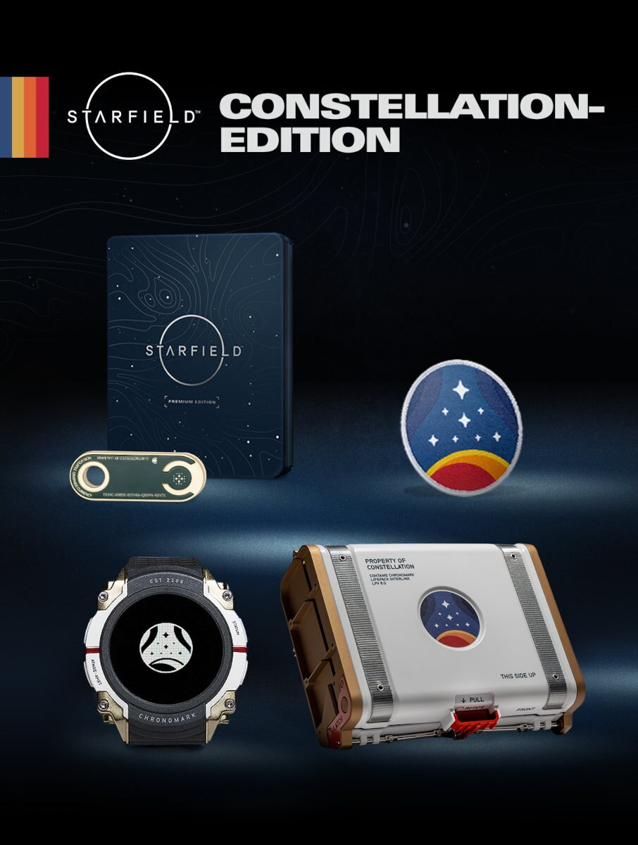 Zestaw pudełkowy Starfield Constellation Edition z różnymi przedmiotami związanymi z grą.