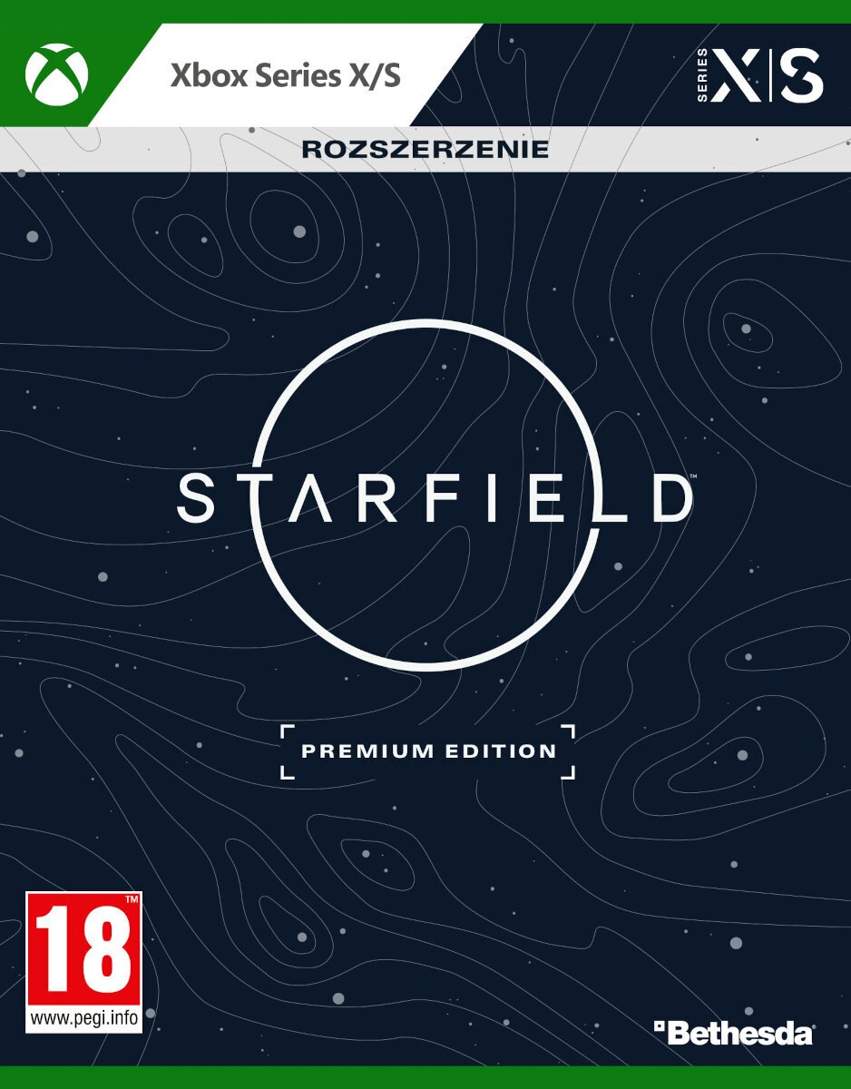Okładka gry Starfield dla Xbox Series X/S. Ciemnoniebieskie tło, białe koło i tekst.