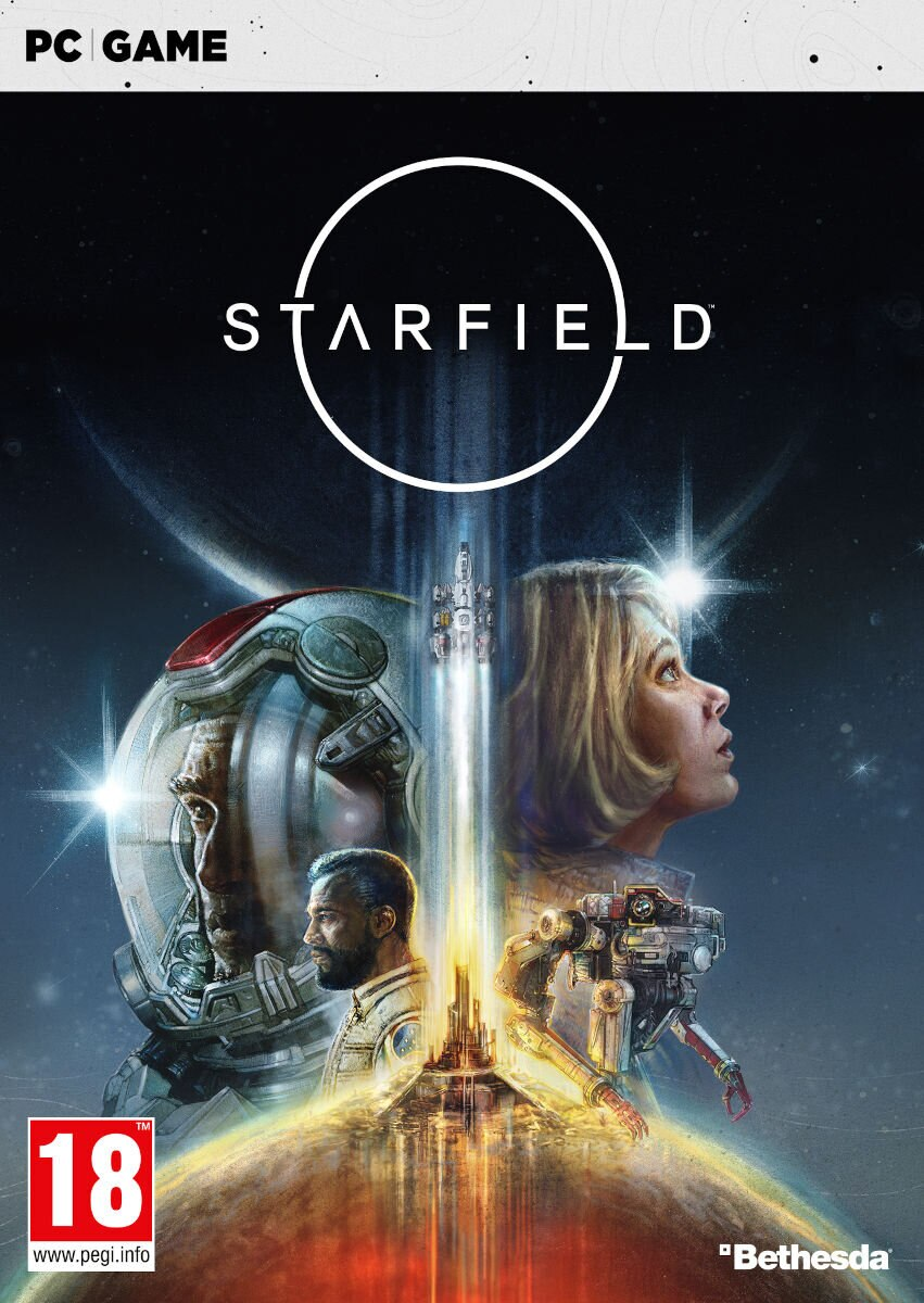 Okładka gry Starfield na PC. Astronauci, statek kosmiczny i futurystyczne miasto na gwiezdnym tle.
