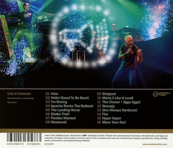 CD-Cover von Scooters 'Live in Concert' Album, mit Trackliste und Konzertfoto.