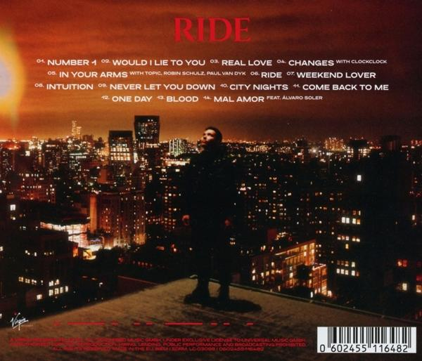 Albumcover mit einem Mann auf einem Dach bei Nacht, Stadtlichter.