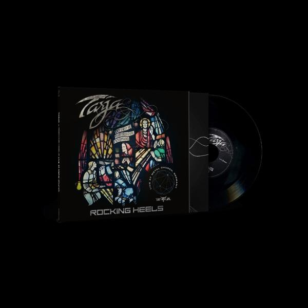 Albumcover: Tarjas 'Rocking Heels' Vinyl. Enthält ein Buntglasdesign mit Figuren und dem Albumtitel. Eine schwarze Vinyl rechts.