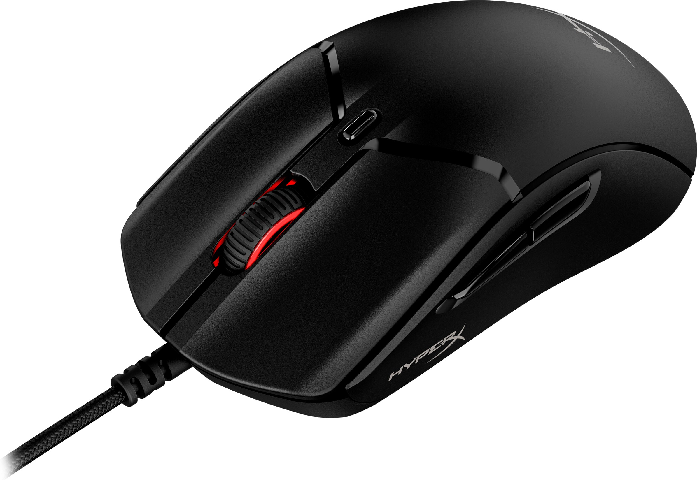 Eine schwarze Gaming-Maus mit geflochtenem Kabel und rotem Scrollrad.