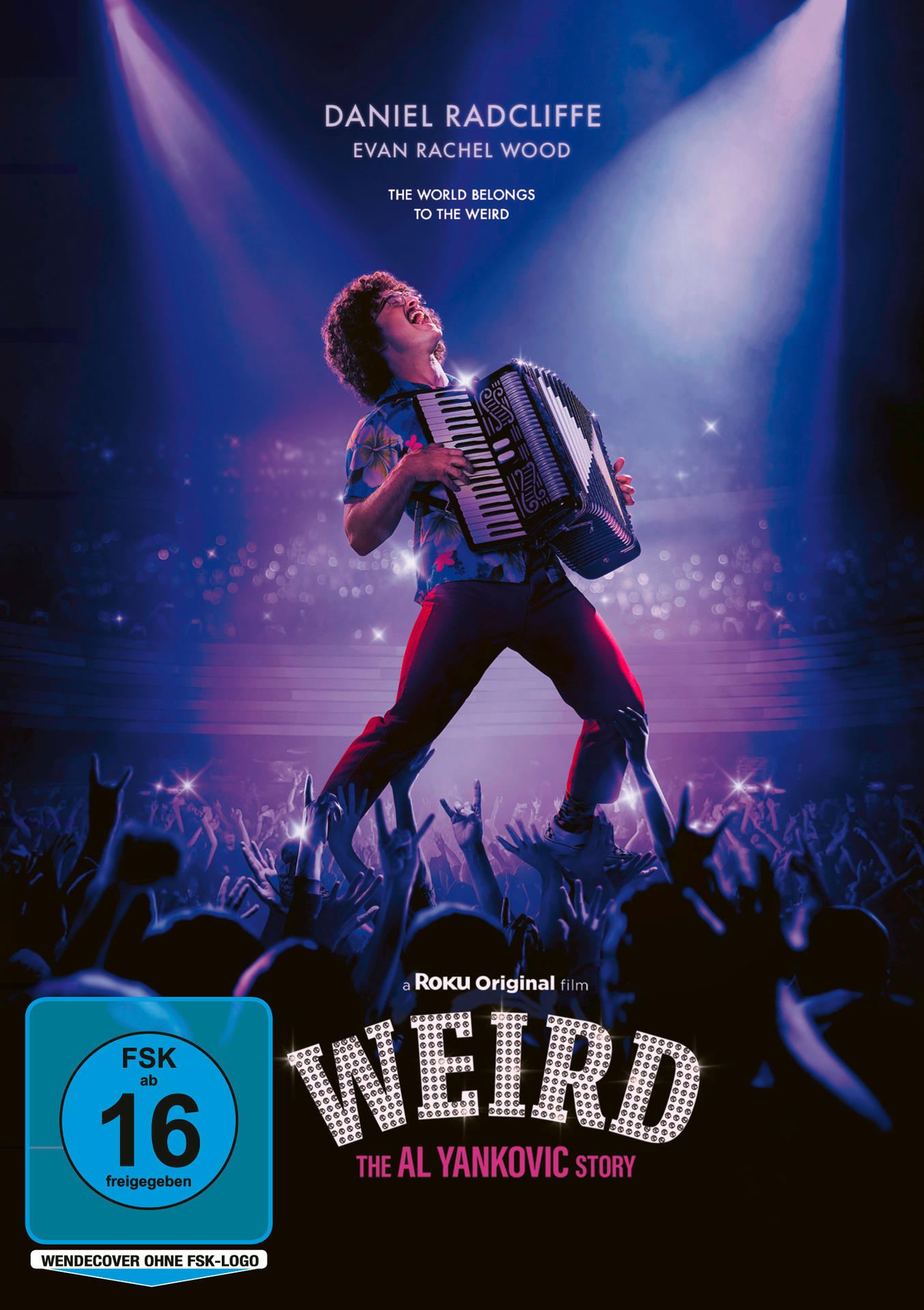 Filmplakat: Daniel Radcliffe spielt Akkordeon, Al Yankovic Film 'Weird'. Publikum, Bühnenlicht.