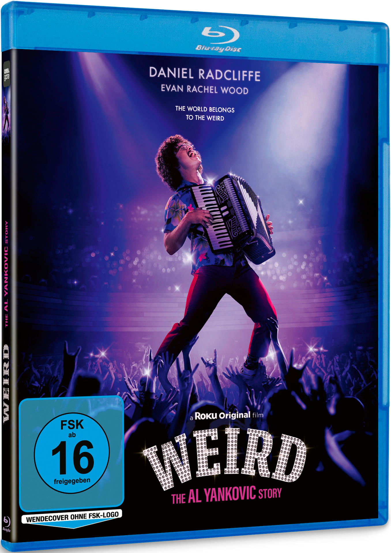 Blu-ray-Hülle: Daniel Radcliffe in 'Weird' mit Akkordeon auf einer Bühne.