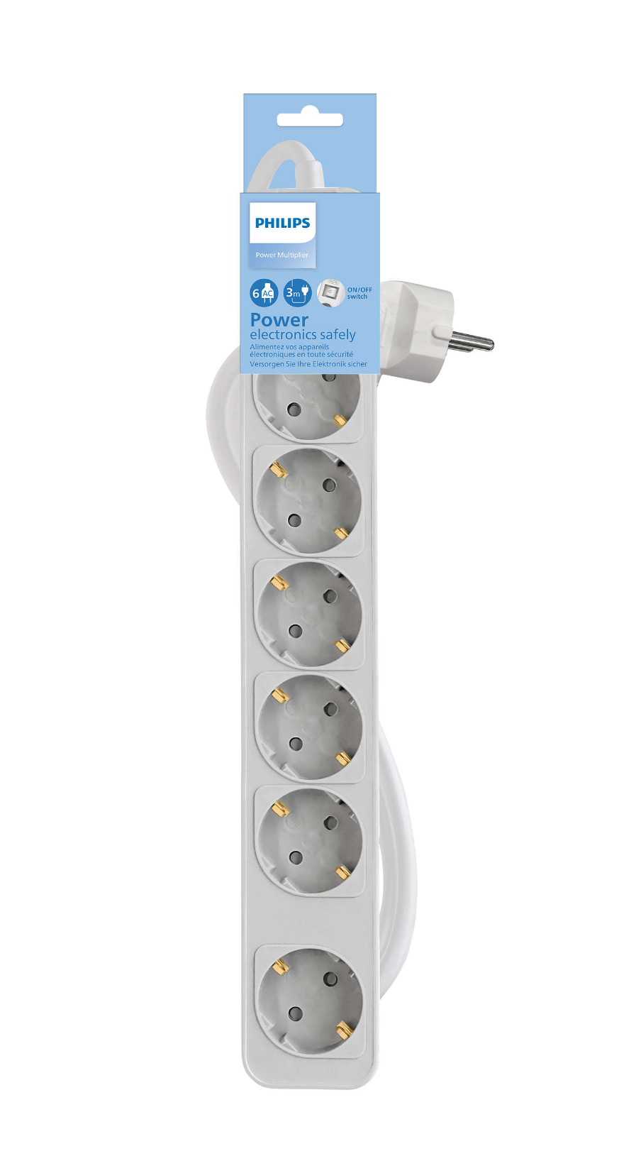 Altı prizli, beyaz kablolu ve fişli beyaz bir uzatma prizi. Marka Philips.