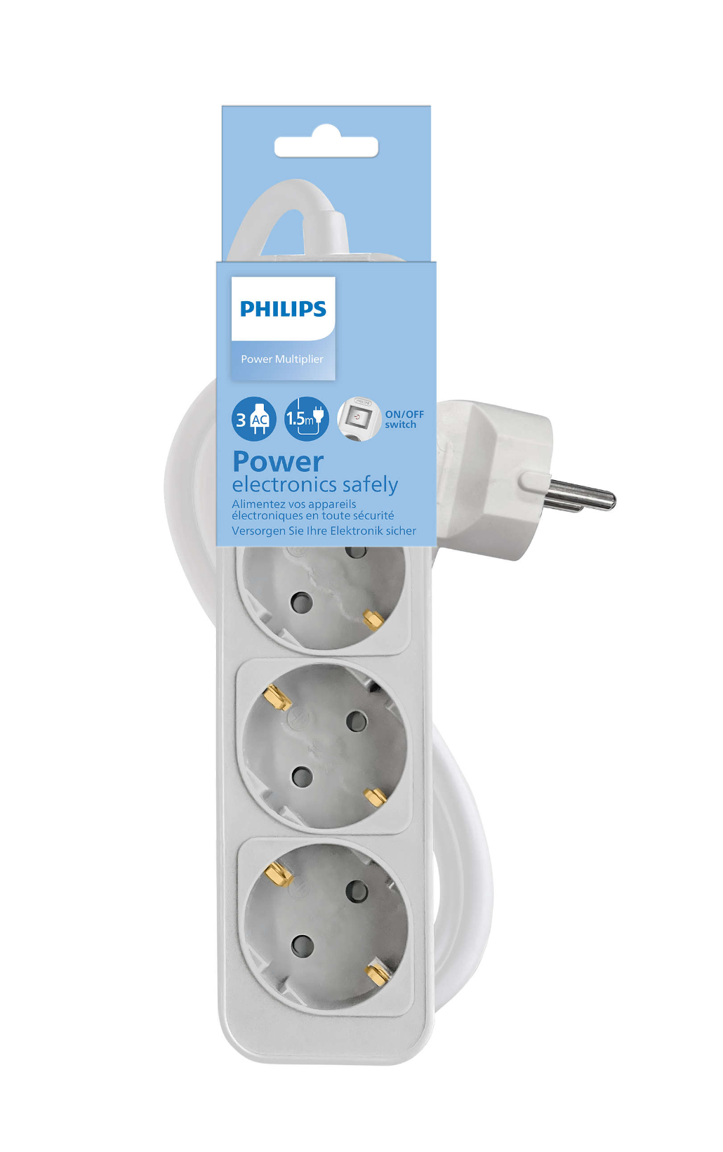 Üç soketli ve bir fişli beyaz priz uzatma kablosu. Philips markası ve ambalajı.