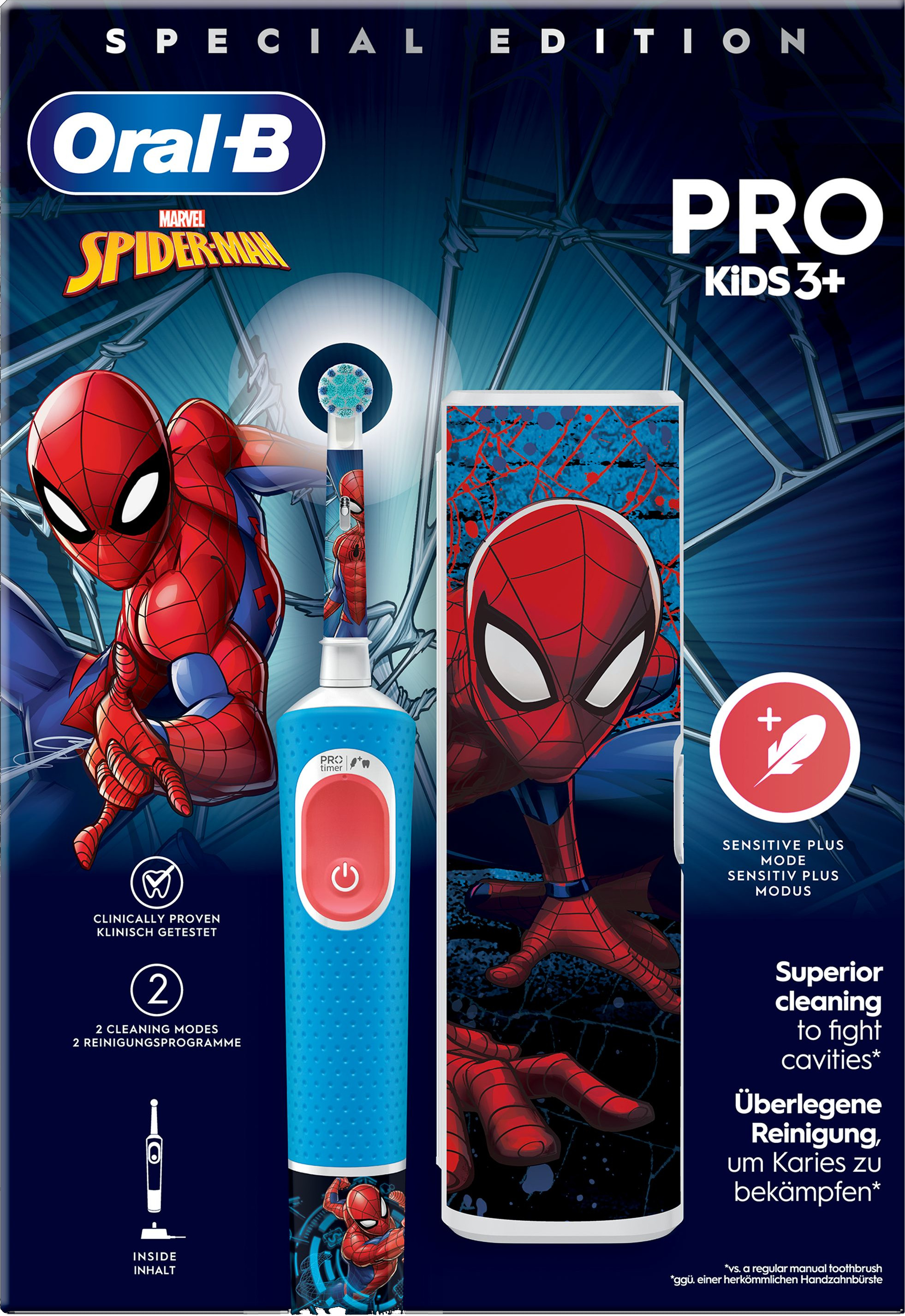 Brosse à dents Oral-B Spider-Man avec boîte et instructions de nettoyage.