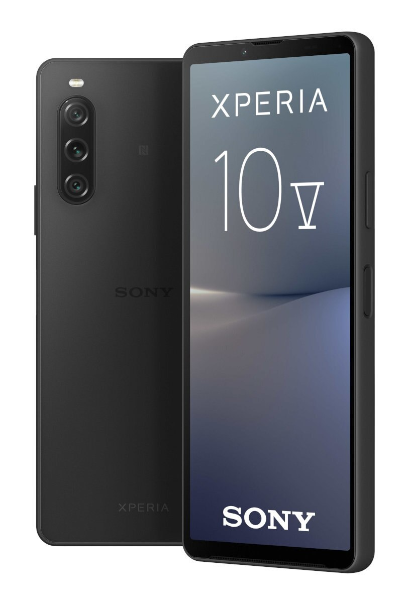 Czarny telefon Sony Xperia, widok z przodu i z tyłu. Ekran wyświetla logo Xperia 10 V.