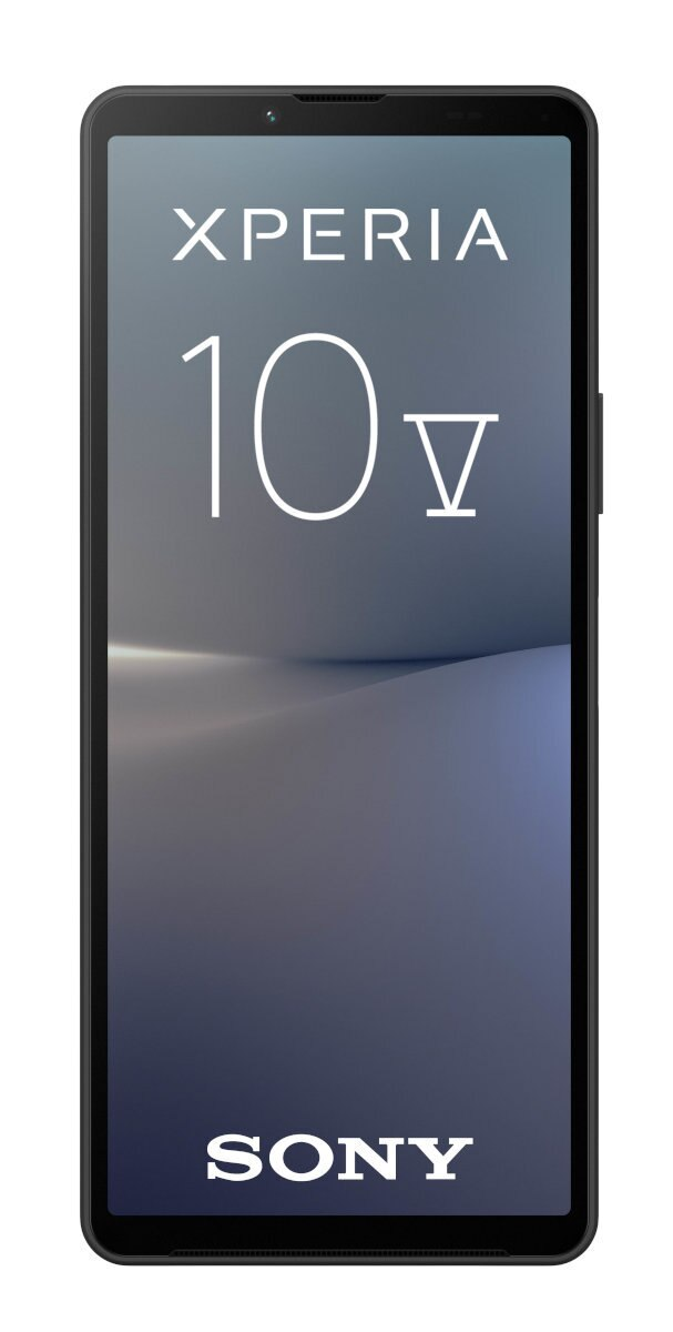 Czarny telefon z tekstem "XPERIA 10 V" na ekranie i logo Sony na dole.