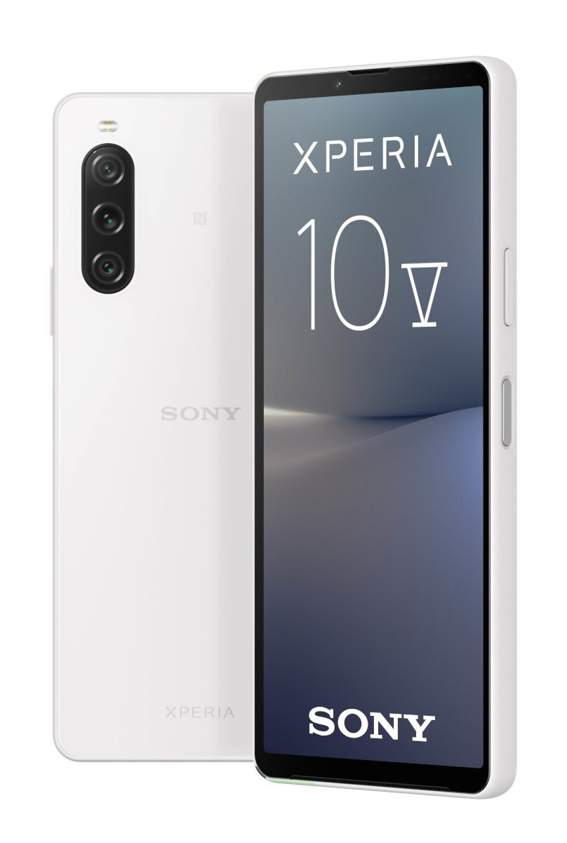 Smartfon: biały Sony Xperia 10 V, z aparatem i logo Sony.