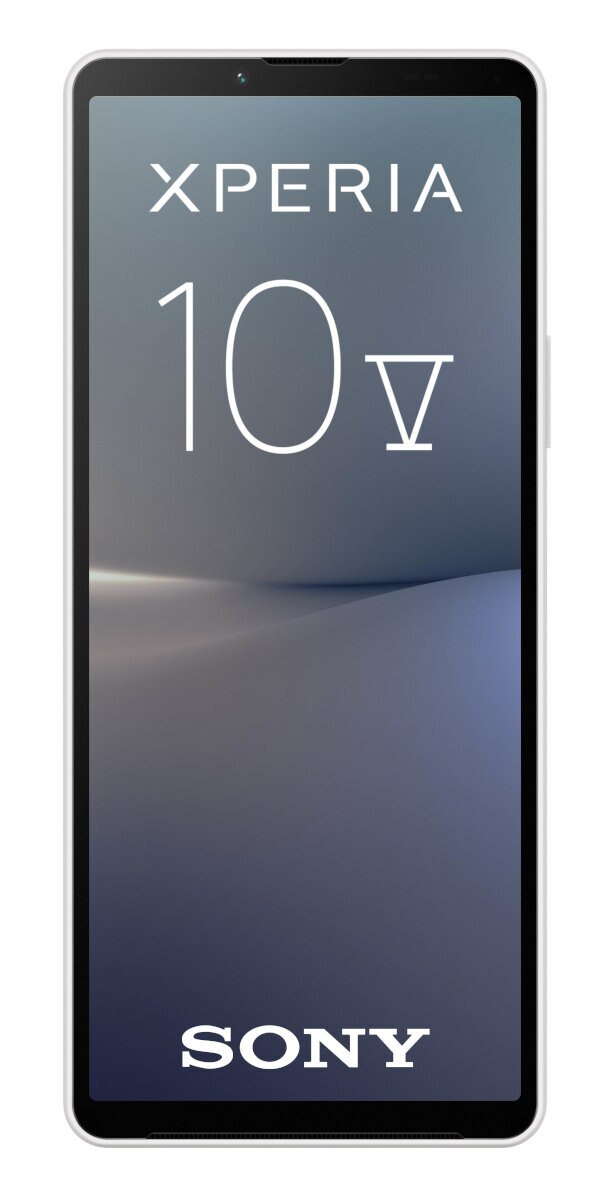 Biały telefon Sony Xperia 10 V z tekstem na ekranie i gradientowym tłem.