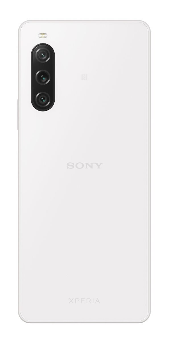 Tył białego telefonu Sony z trzema aparatami i logo Sony i Xperia.