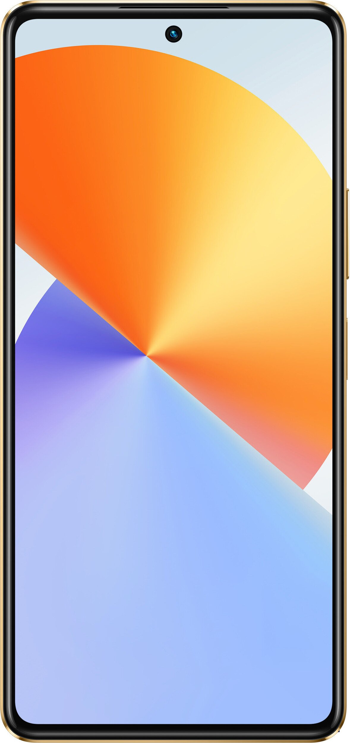 Smartfon wyświetlający kolorową, abstrakcyjną tapetę. Złota ramka, centralny aparat, ekran.