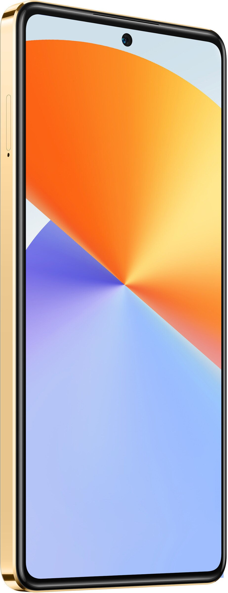Złoty smartfon z kolorowym, abstrakcyjnym tłem na ekranie.