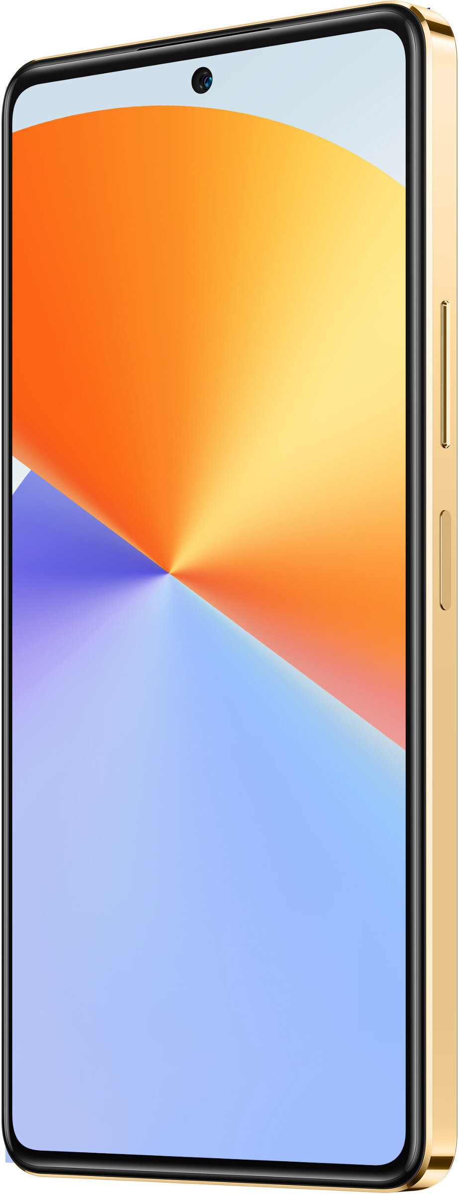 Złoty smartfon pod kątem, pokazujący ekran z kolorowym abstrakcyjnym obrazem.