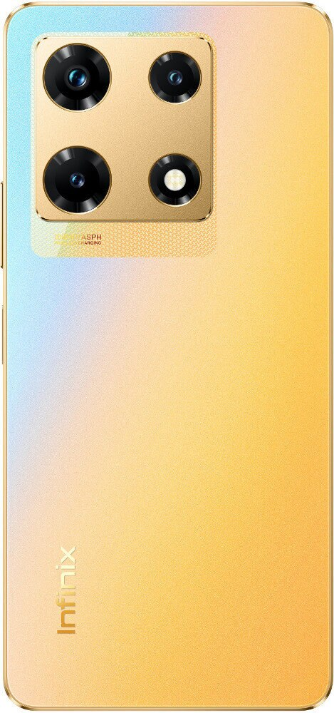 Złoty smartfon z czterema tylnymi aparatami. Telefon ma złoty odcień i elegancki design.