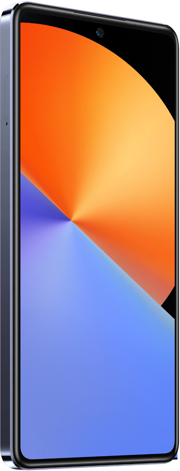 Niebieski smartfon z czarnym ekranem, prezentujący abstrakcyjną grafikę pomarańczowo-niebieską.
