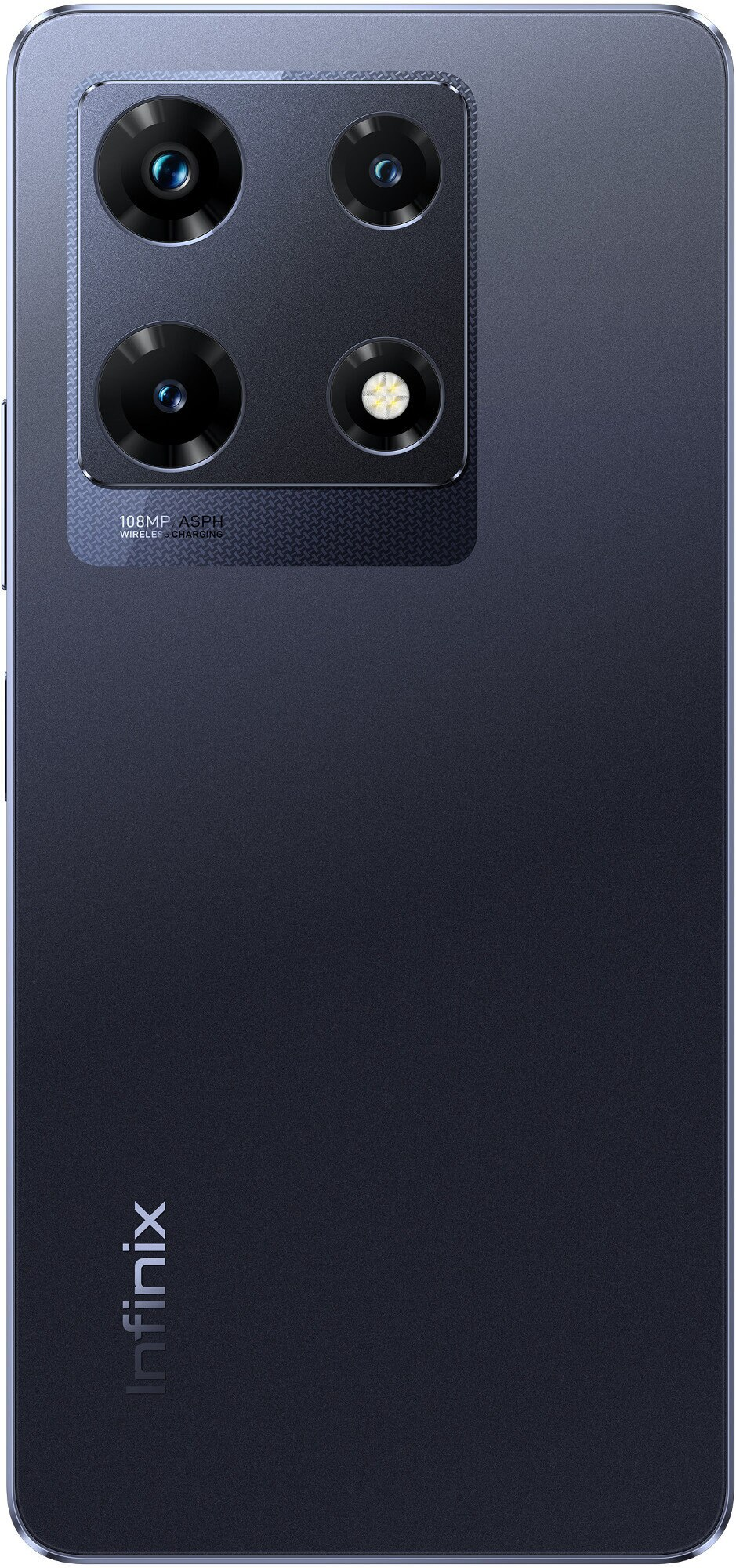 Ciemnoniebieski smartfon. Cztery tylne kamery. Logo Infinix na dole.