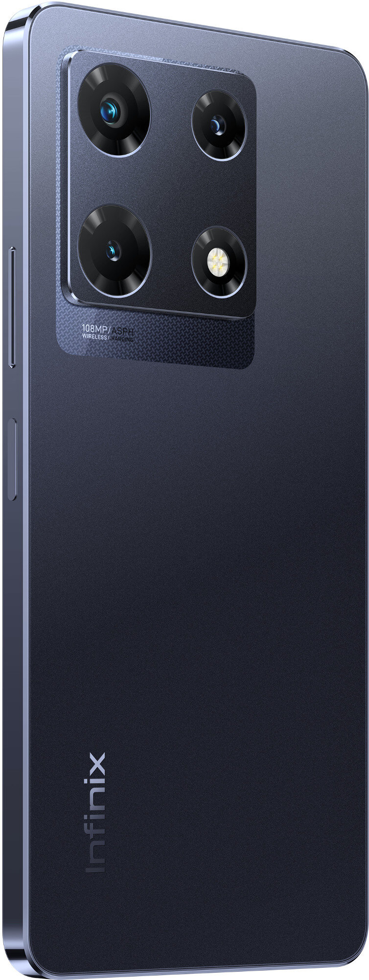 Tył granatowego telefonu z wieloma obiektywami aparatu i logo Infinix.