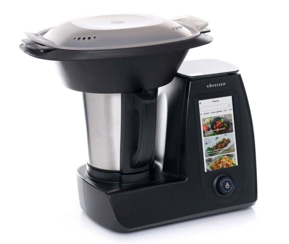 Czarny robot kuchenny z cyfrowym ekranem i przyciskami.