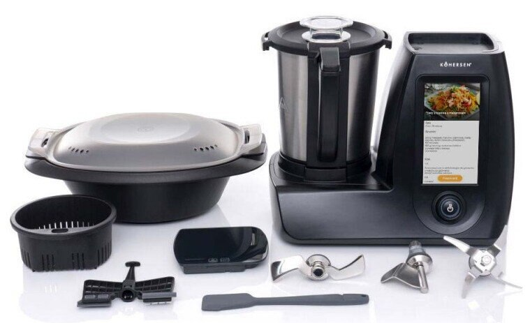 Konfiguracja urządzenia kuchennego z różnymi komponentami i akcesoriami. Czarno-szara kolorystyka.