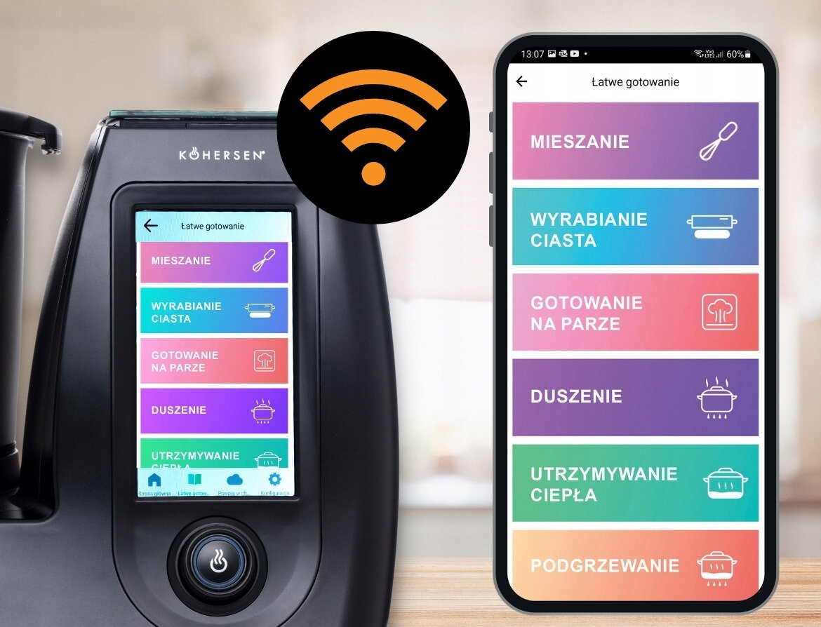Robot kuchenny i smartfon. Urządzenie pokazuje opcje gotowania. Telefon wyświetla aplikację do gotowania.