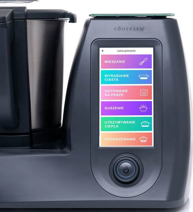 Szare urządzenie kuchenne z interfejsem dotykowym, pokazujące różne opcje.